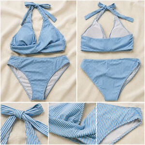 Shein XL Blue White Stripe Bikini Halter Swimwear Beach Vacation Pool Nautical